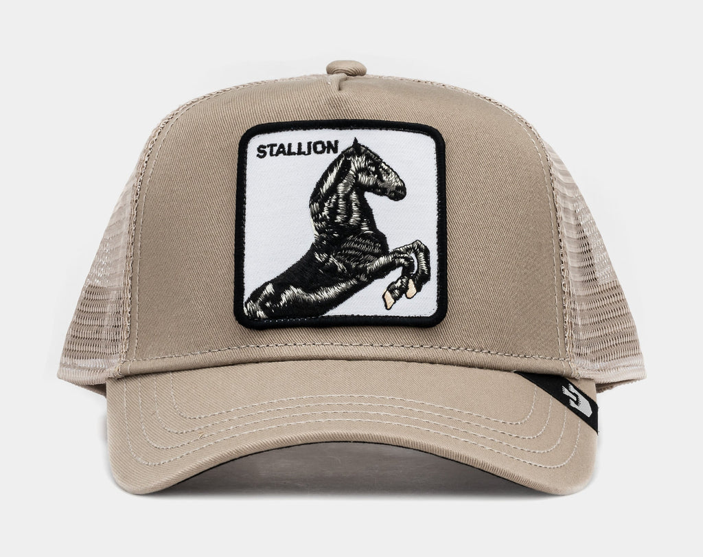Exclusive Stallion 14x14 Trucker Mens Hat (Khaki/Black) — OS — Front View