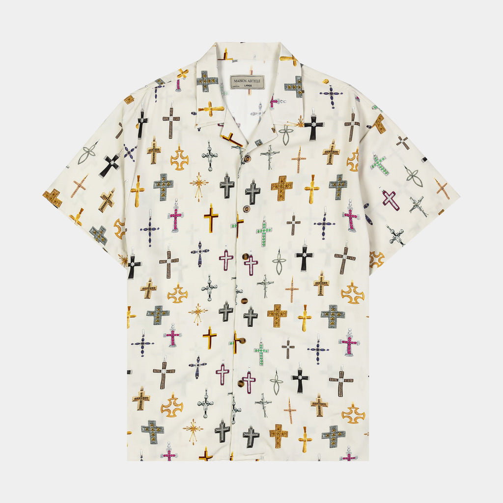 Exclusive Cross AOP Rayon Mens Short Sleeve Shirt (Beige) — S — Front View