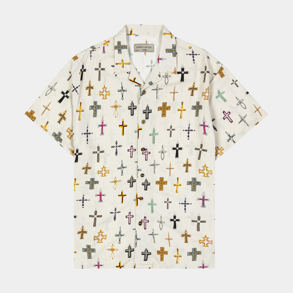 Exclusive Cross AOP Rayon Mens Short Sleeve Shirt (Beige) — S — Front View