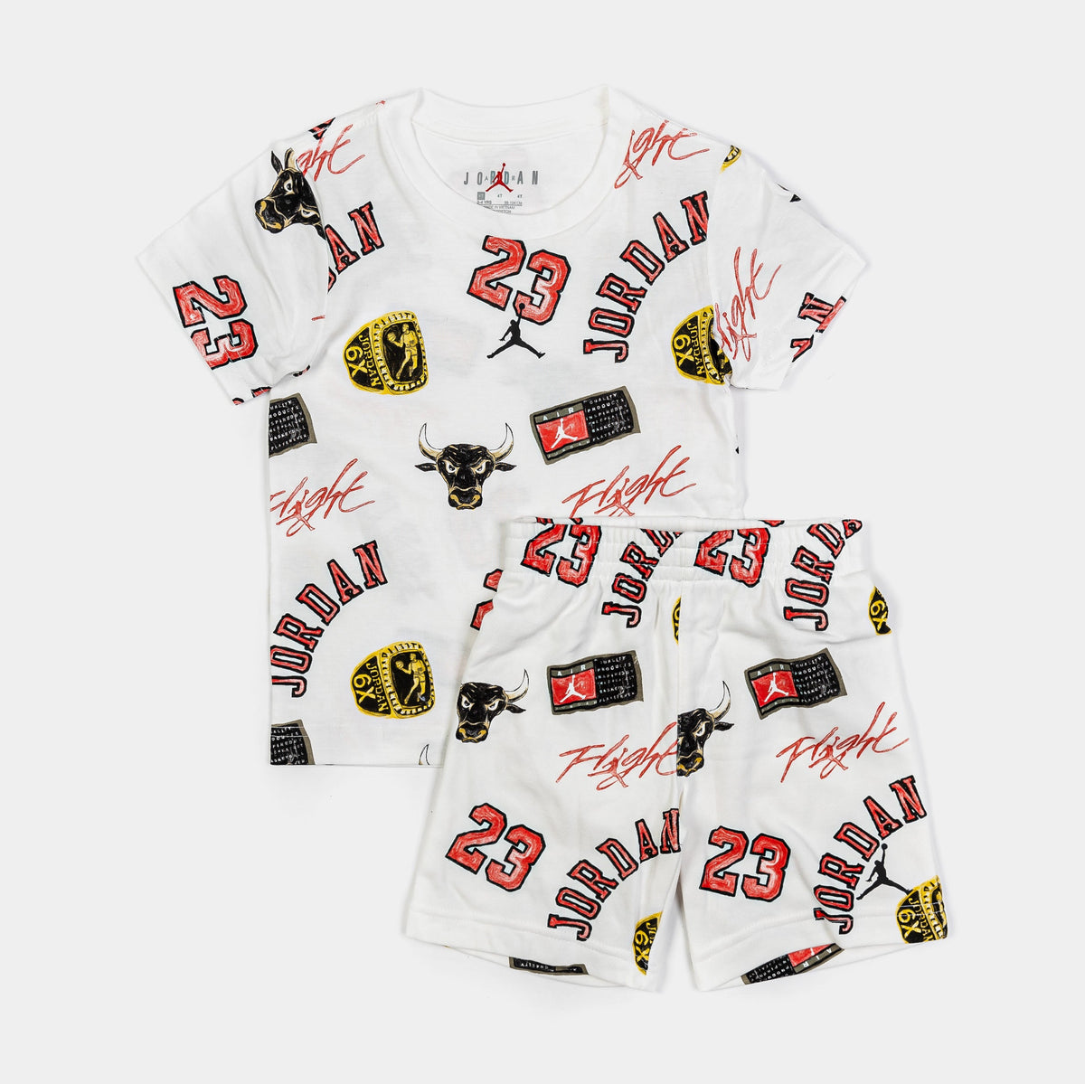 Exclusive JDN 23 Ring All Over Print Shorts Preschool Set (Beige/Red) — 4 — Front View