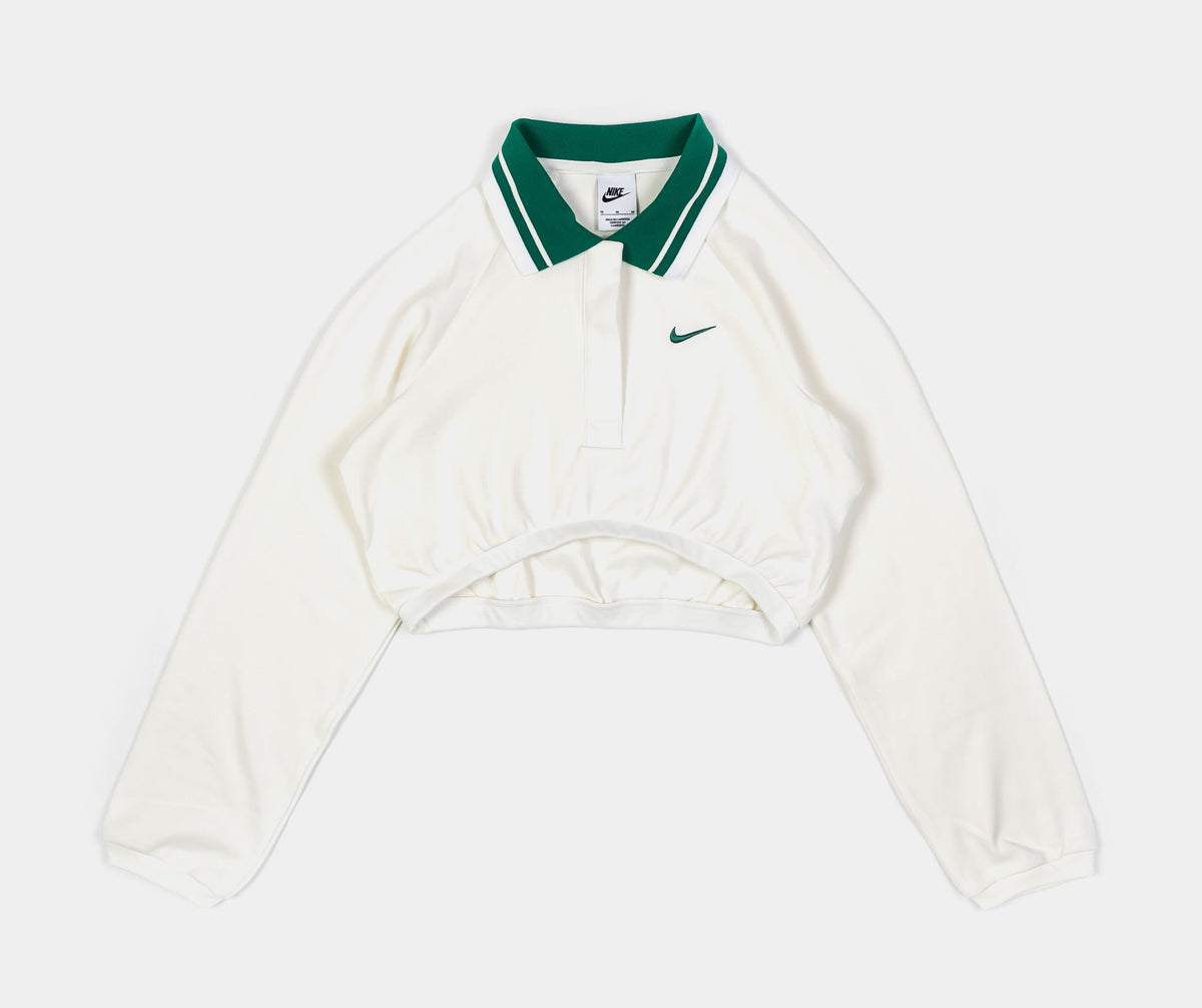 Exclusive Polo Cropped Womens Long Sleeve Shirt (Beige/Green) — XS — Front View