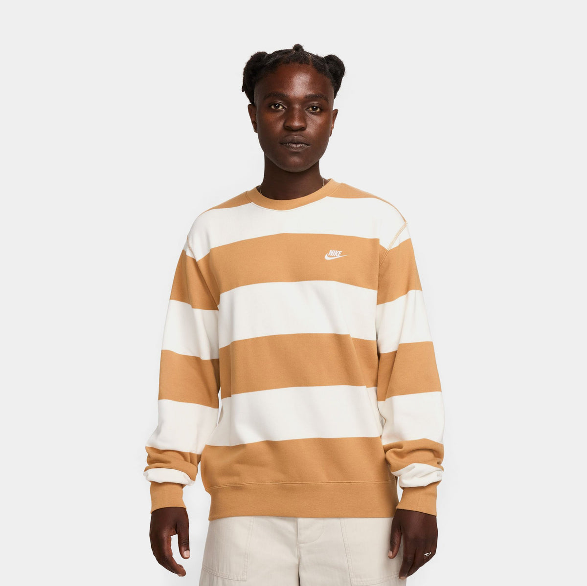 Exclusive Club Fleece Striped Heavyweight Mens Crewneck (Brown/White) — S — Front View