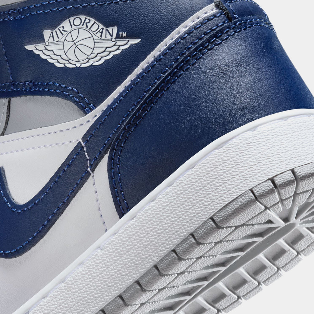 Exclusive Air Jordan 1 Retro Mid Grade School Lifestyle Shoes (White/Wolf Grey/Midnight Navy) — 3.5Y — Back View