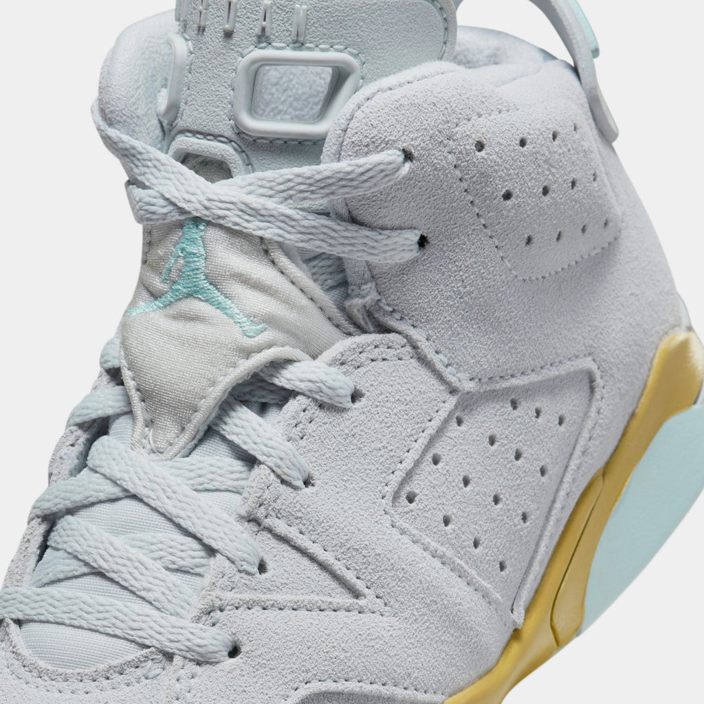 Exclusive Air Jordan 6 Retro Pearl Preschool Lifestyle Shoes (Pure Platinum/Glacier Blue/Metallic Gold) — 10.5C — Side View