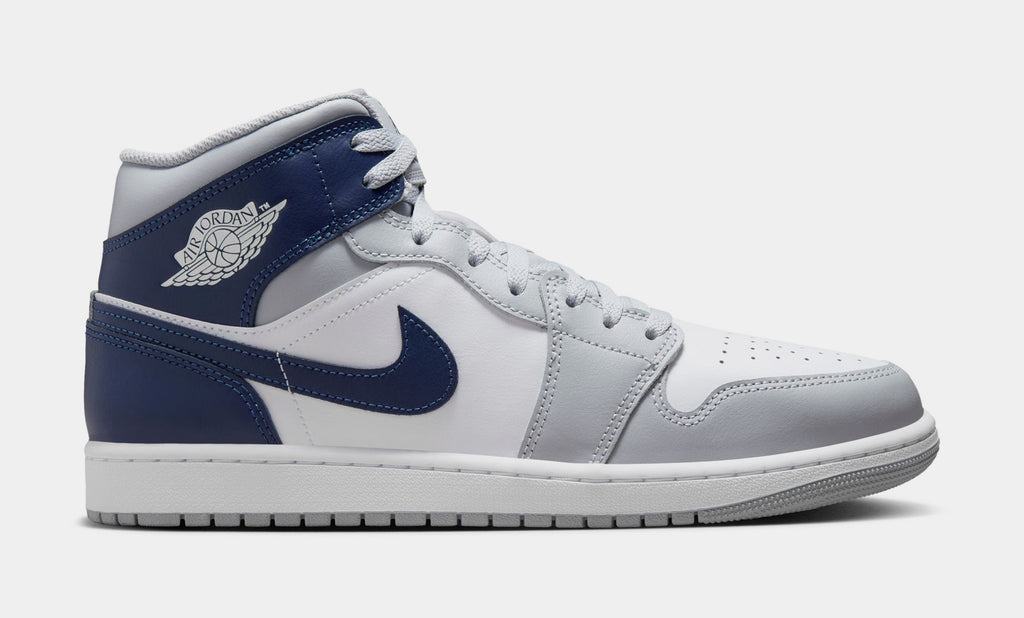 Exclusive Air Jordan 1 Mid Wolf Grey Midnight Navy Mens Lifestyle Shoes (White/Wolf Grey/Midnight Navy) — 7 — Front View