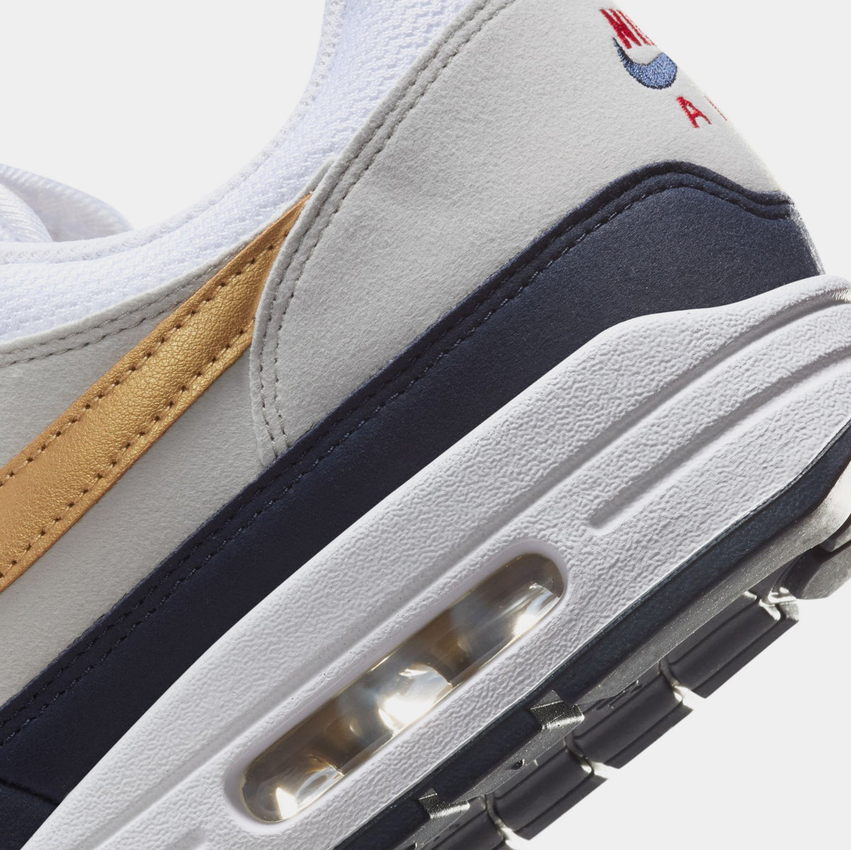 Exclusive Air Max 1 Mens Running Shoes (Obsidian/White/Light Smoke Grey/Metallic Gold) — 4 — Back View