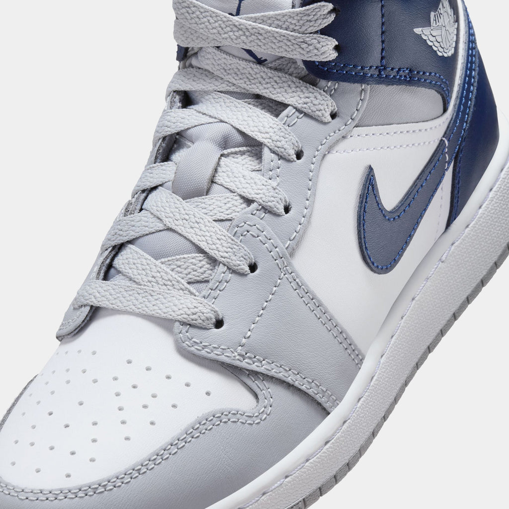 Exclusive Air Jordan 1 Retro Mid Grade School Lifestyle Shoes (White/Wolf Grey/Midnight Navy) — 3.5Y — Side View