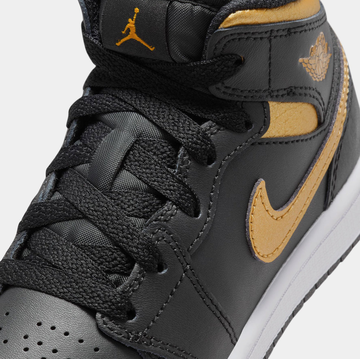 Exclusive Air Jordan 1 Mid Metallic Gold Preschool Lifestyle Shoes (Black/Metallic Gold/White) — 10.5C — Side View
