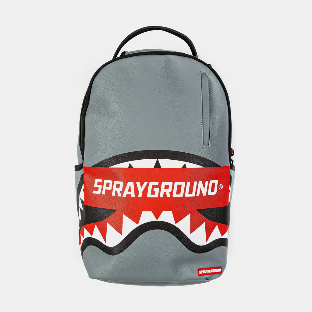 Exclusive Shark Smash Logo Mens Backpack (Grey/Red) — OS — Front View