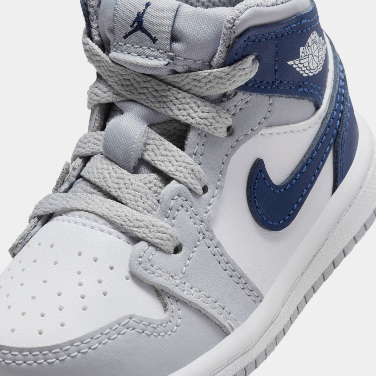 Exclusive Air Jordan 1 Retro Mid Wolf Grey Midnight Navy Infant Toddler Lifestyle Shoes (White/Wolf Grey/Midnight Navy) — 2C — Side View