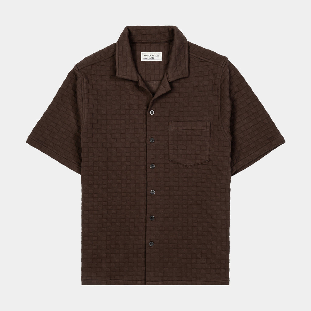 Exclusive Checkered Knit Mens Short Sleeve Shirt (Brown) — S — Front View