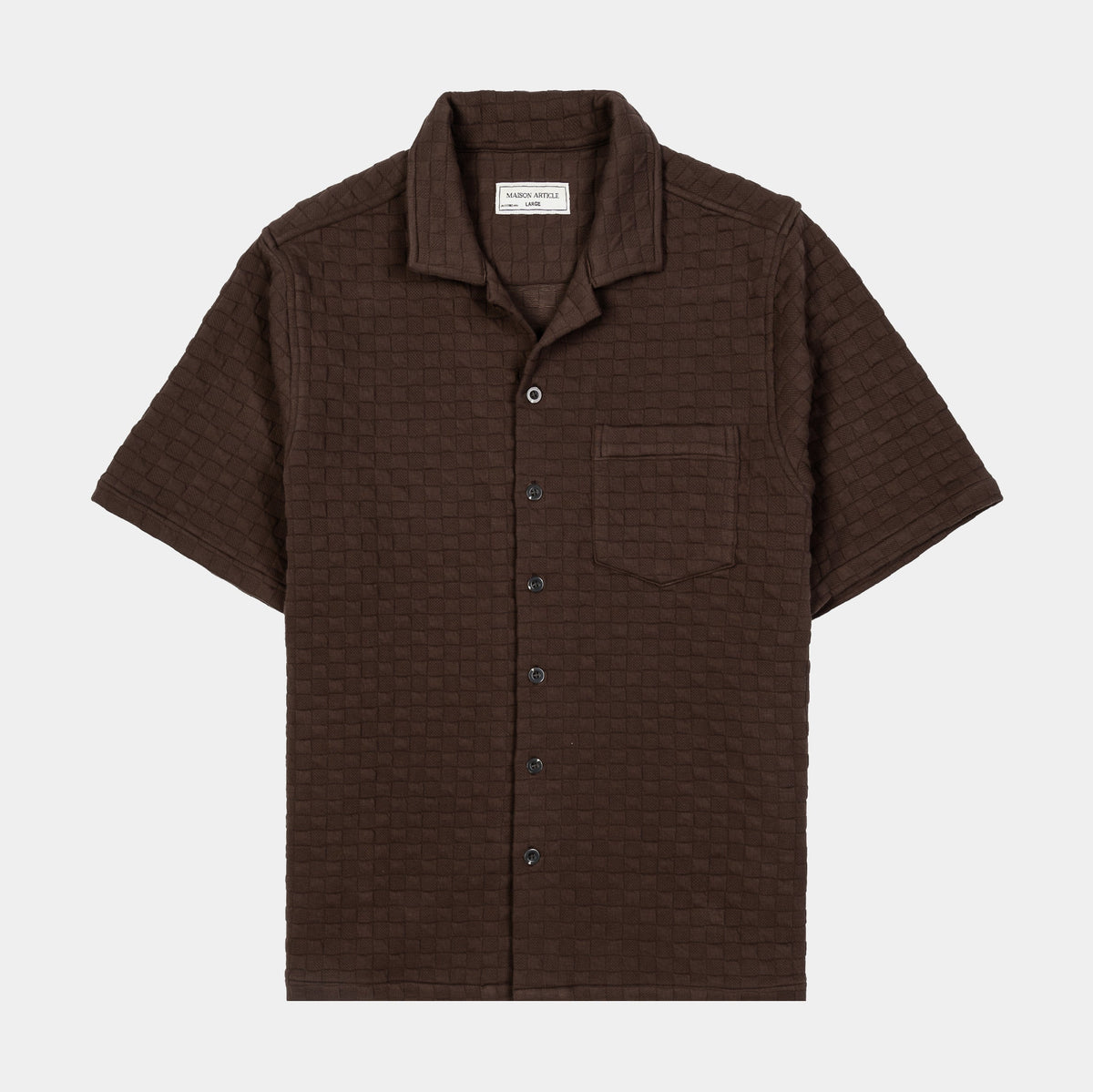 Exclusive Checkered Knit Mens Short Sleeve Shirt (Brown) — S — Front View