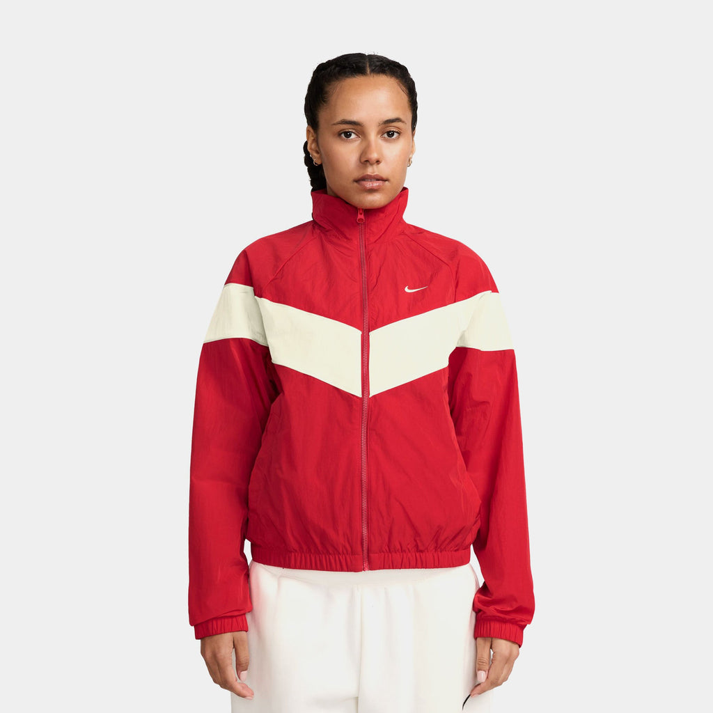 Exclusive NSW Woven Full Zip Windbreaker Womens Jacket (Red/White) — XS — Front View