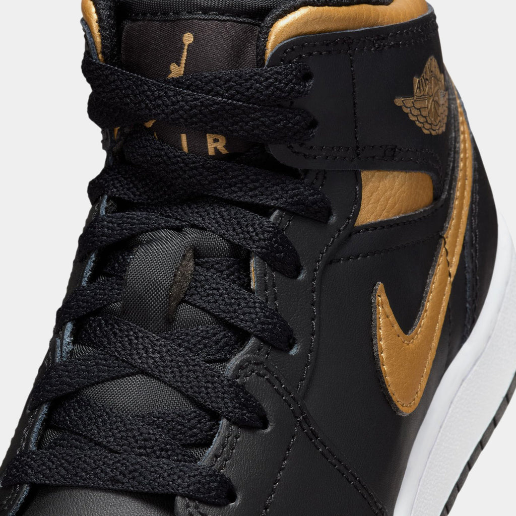 Exclusive Air Jordan 1 Mid Grade School Lifestyle Shoes (Black/White/Metallic Gold) — 3.5Y — Side View