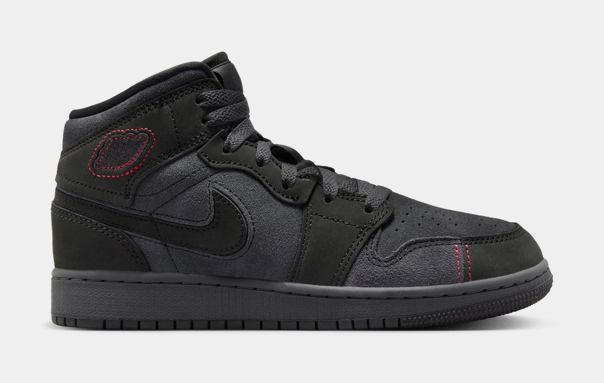 Exclusive Air Jordan 1 Mid SE Craft Grade School Basketball Shoes (Smoke Grey/Black/Varsity Red) — 3.5Y — Front View