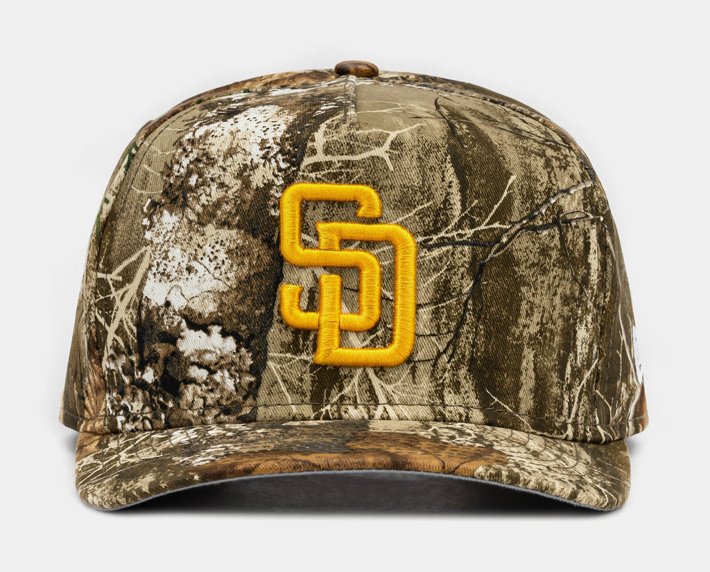Exclusive San Diego Padres Camo 950AF Snapback Mens Hat (Brown/Yellow) — OS — Front View