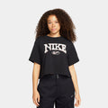 Exclusive NSW Loose Cropped Womens Short Sleeve Shirt (Black/White) — XS — Front View