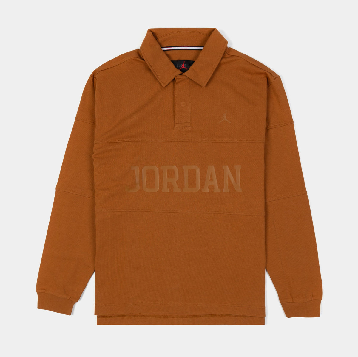 Exclusive Essentials Rugby Mens Long Sleeve Shirt (Tan) — S — Front View