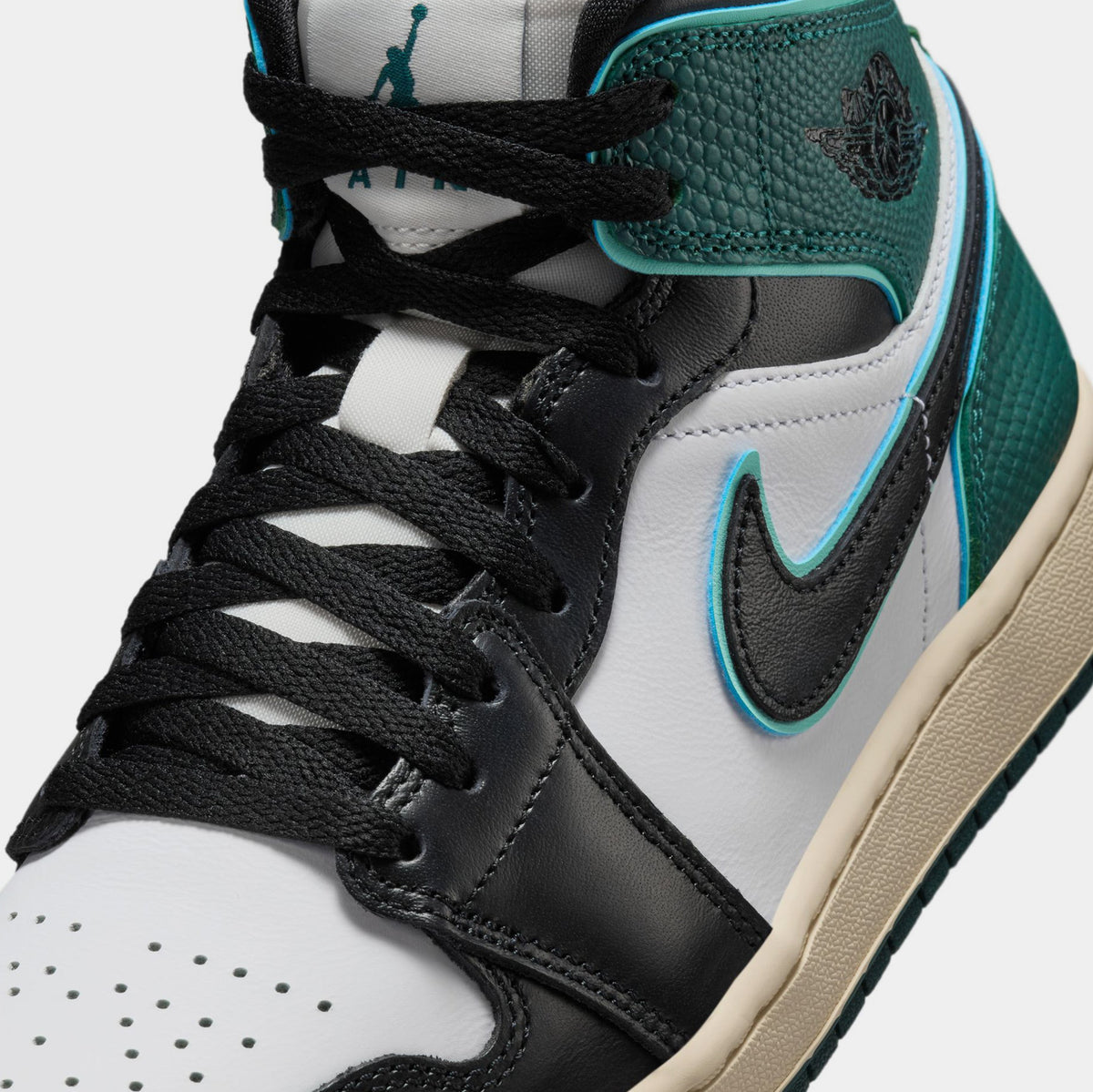 Exclusive Air Jordan 1 Mid SE Oxidized Green Womens Lifestyle Shoes (White/Light Dew/Oxidized Green/Black) — 5 — Side View