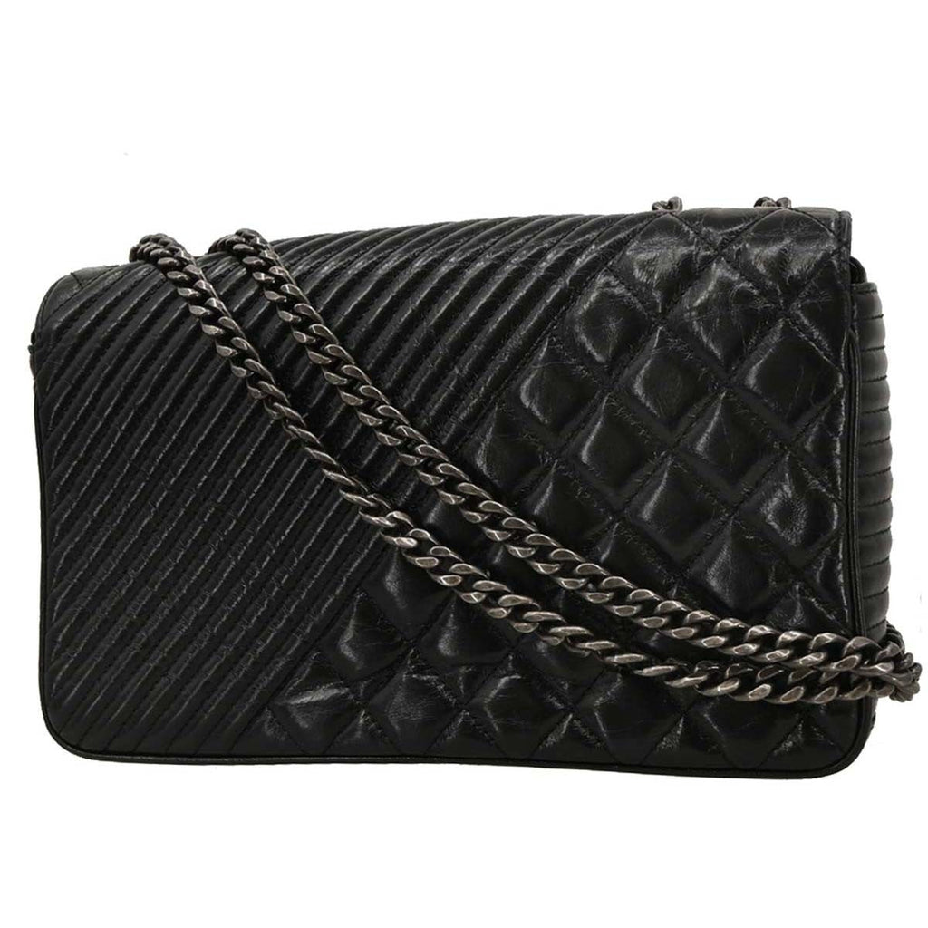 Chanel Coco Boy Flap Bag Quilted Aged Calfskin Black Leather Shoulder Bag Bag (Pre-Owned)