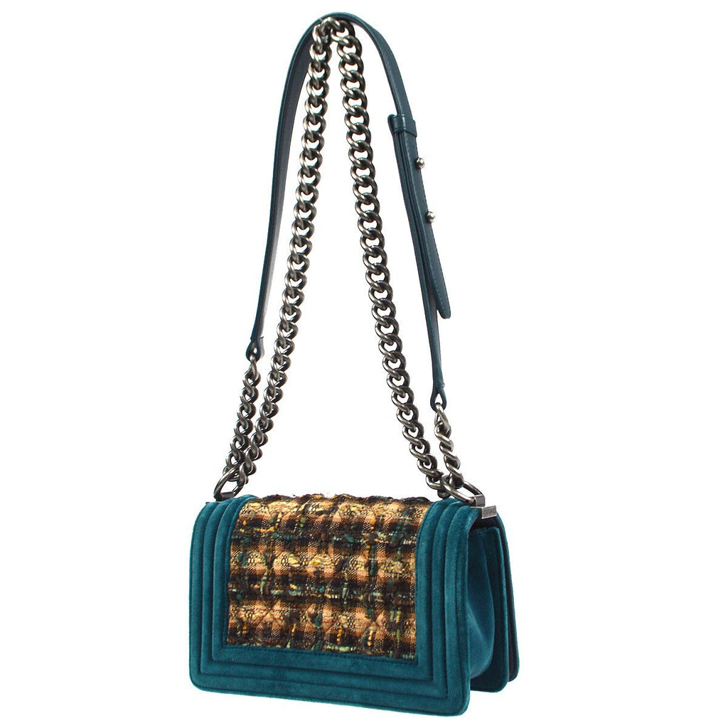 Chanel Boy Flap Bag Quilted Tweed With Velvet Blue Velvet Shoulder Bag Bag (Pre-Owned)