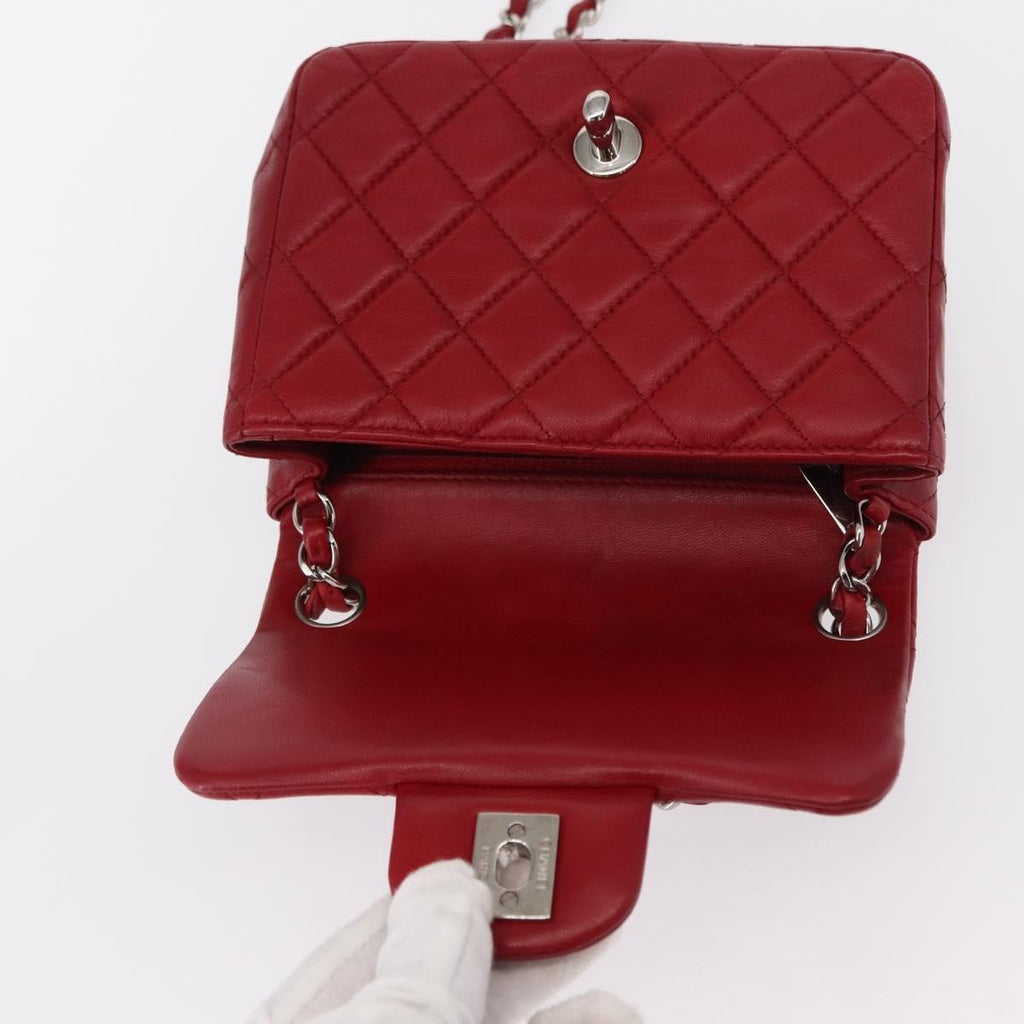 Chanel Square Classic Single Flap Bag Quilted Lambskin Red Leather Shoulder Bag Bag (Pre-Owned)