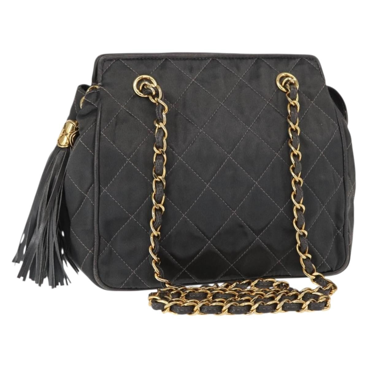 Chanel Vintage Chain Shoulder Bag Quilted Satin Gray Satin Shoulder Bag Bag (Pre-Owned)