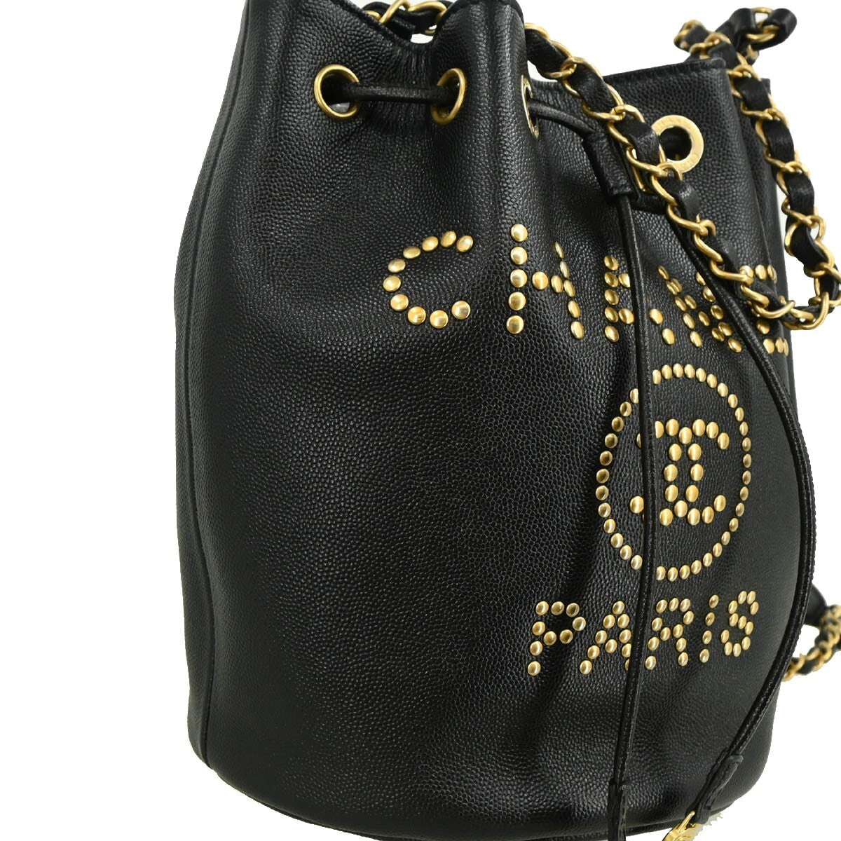Chanel Deauville Drawstring Bucket Bag Studded Caviar Black Leather Shoulder Bag Bag (Pre-Owned)