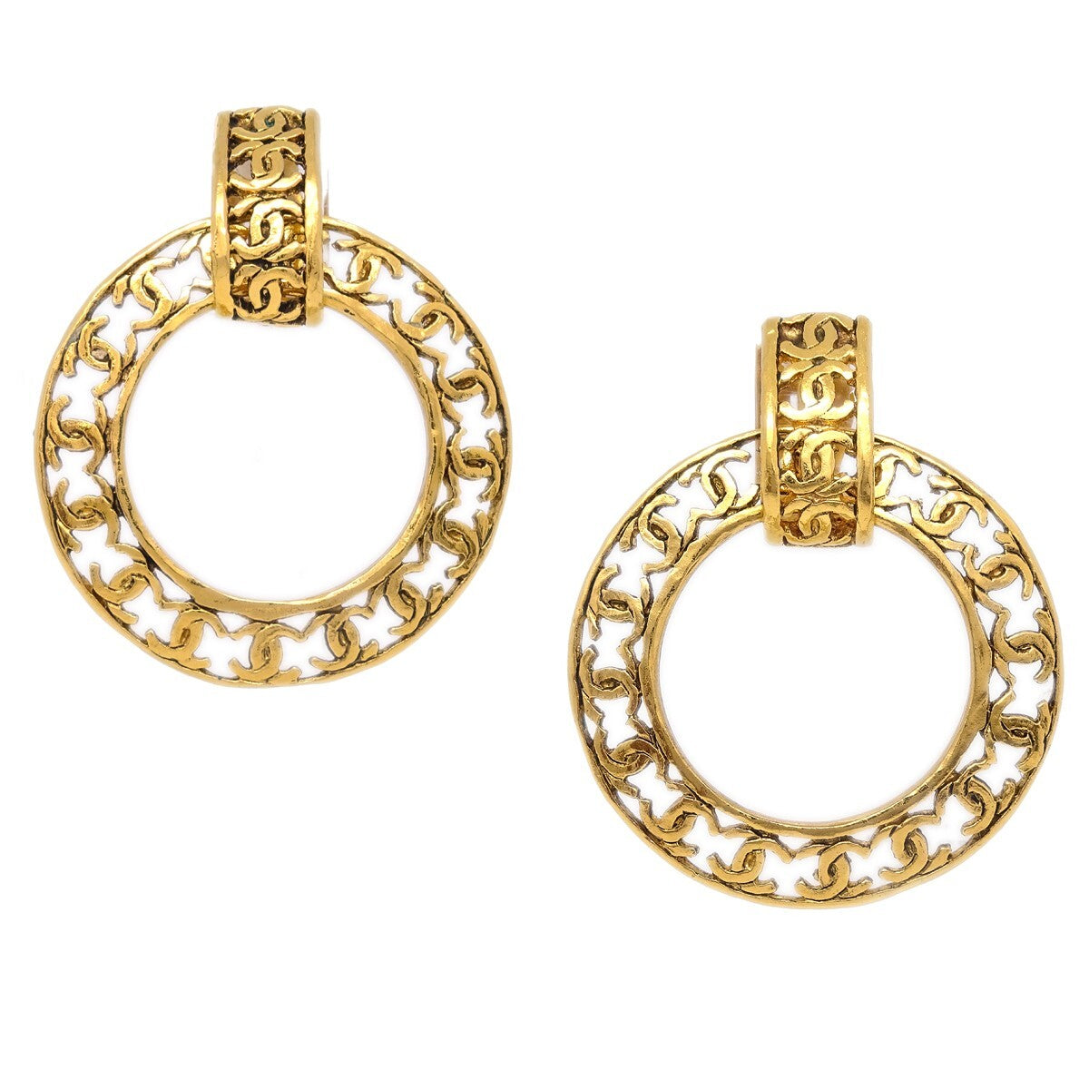 Chanel Cut-Out Cc Hoop Drop Clip-On Earrings Metal Gold Gold_Plated Earrings Jewelry (Pre-Owned)