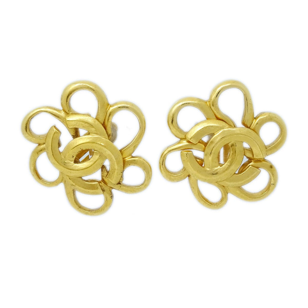 Chanel Vintage Cc Flower Clip-On Earrings Metal Gold Gold_Plated Earrings Jewelry (Pre-Owned)