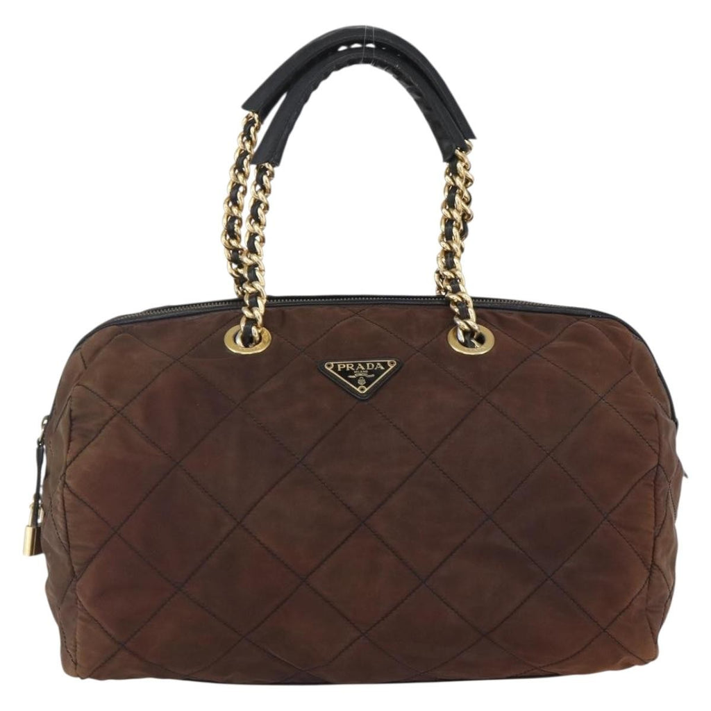 Prada Vintage Chain Handbag Tessuto Brown Nylon Handbag (Pre-Owned)