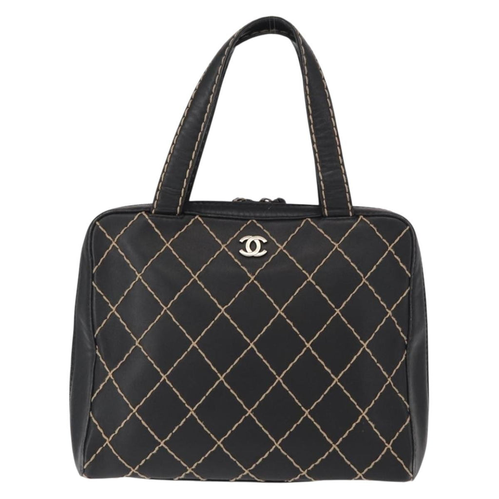 Chanel Surpique Zip Around Satchel Quilted Leather Black Leather Handbag (Pre-Owned)