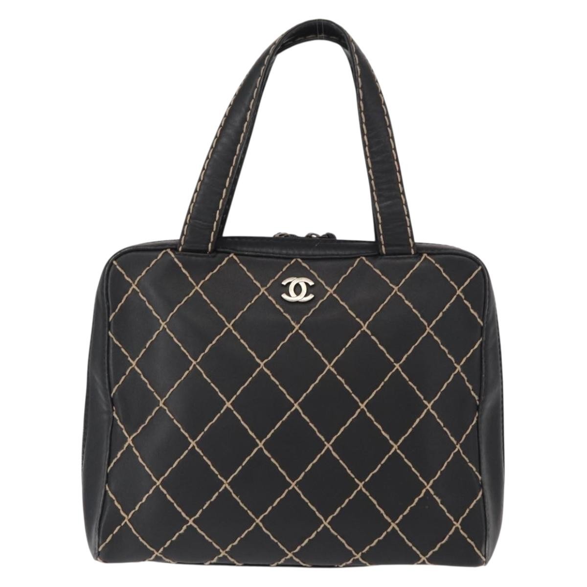 Chanel Surpique Zip Around Satchel Quilted Leather Black Leather Handbag (Pre-Owned)