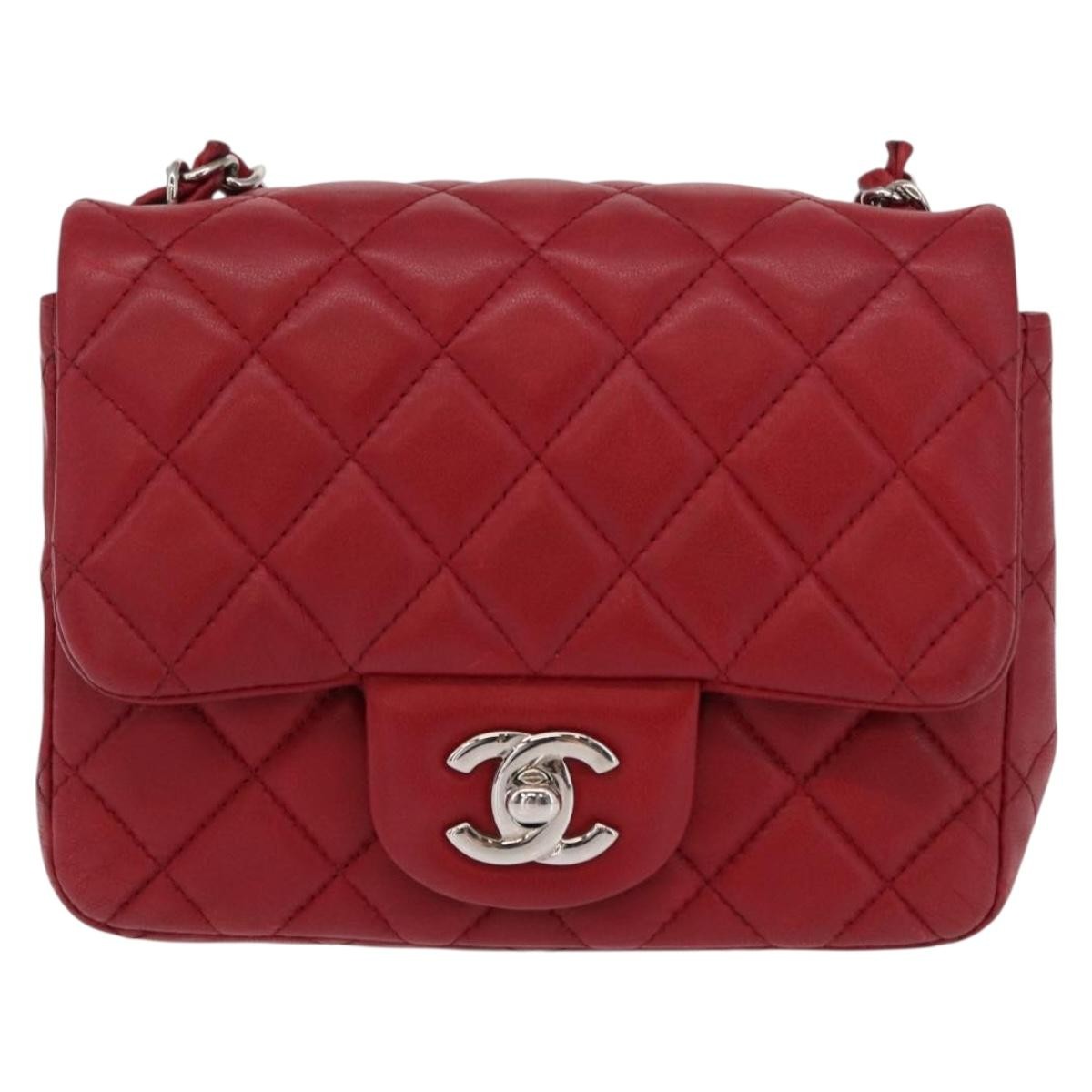 Chanel Square Classic Single Flap Bag Quilted Lambskin Red Leather Shoulder Bag Bag (Pre-Owned)