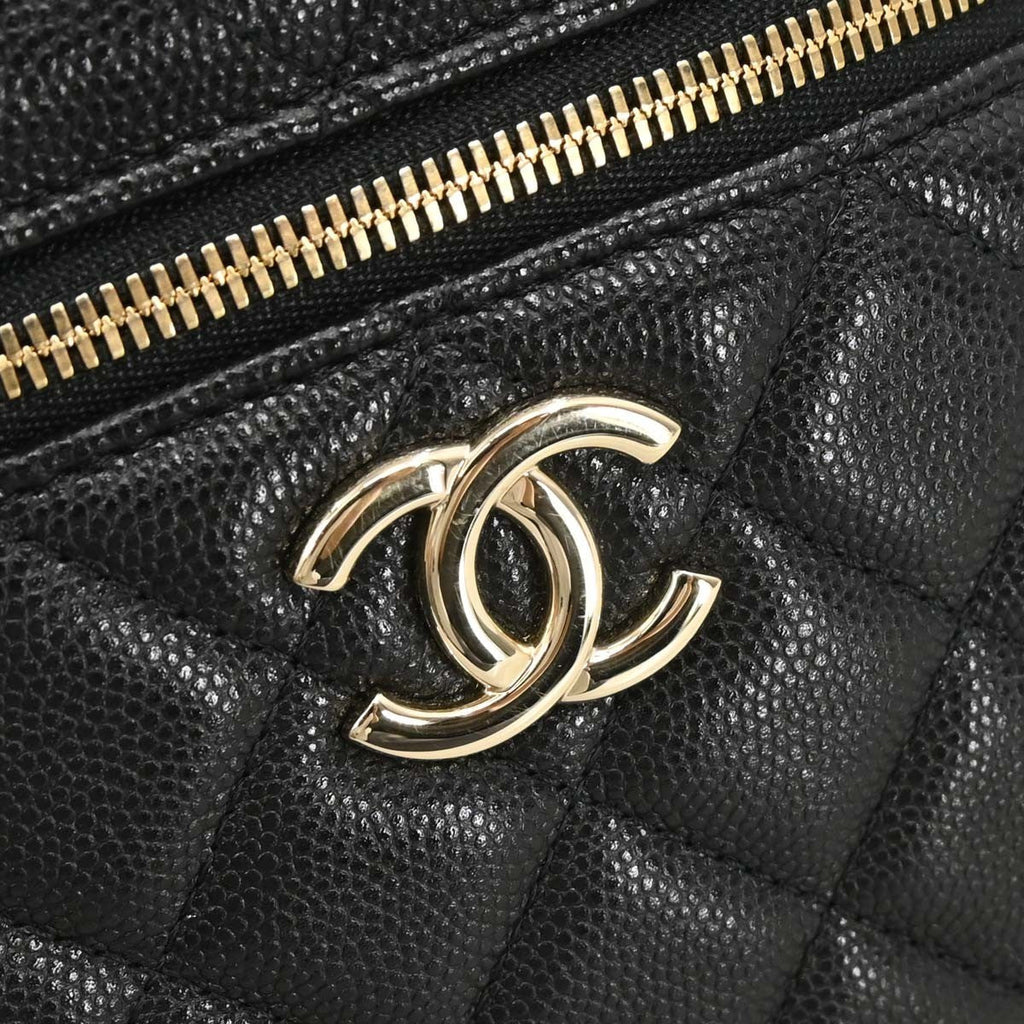 Chanel Cc Top Handle Vanity Case With Chain Quilted Caviar Black Leather Handbag (Pre-Owned)