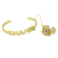 Chanel Logo Bangle With Chain Attached Cc Ring Metal With Crystal Gold Gold_Plated Bracelet Jewelry (Pre-Owned)