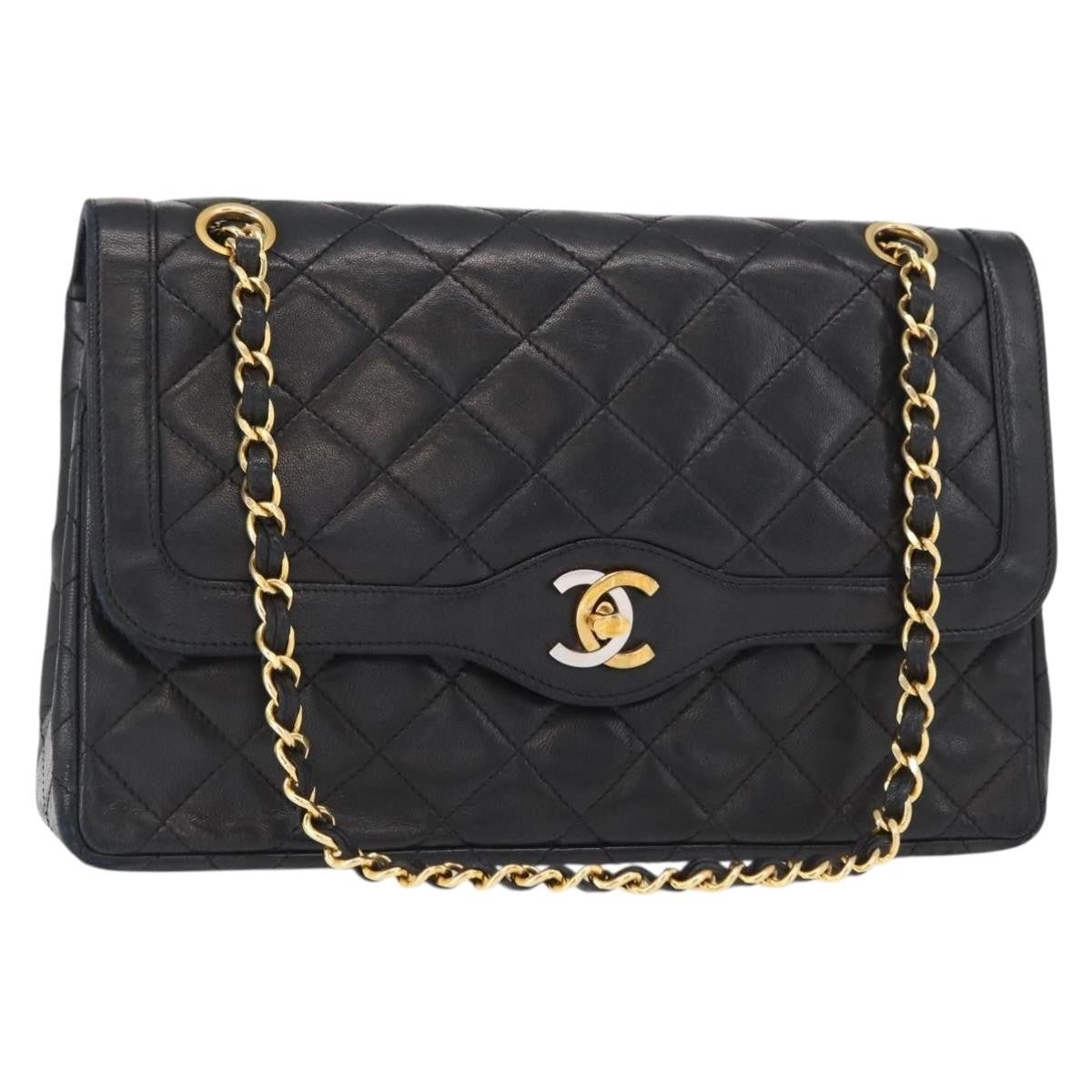 Chanel Vintage Two Tone Cc Flap Bag Quilted Lambskin Black Leather Shoulder Bag Bag (Pre-Owned)