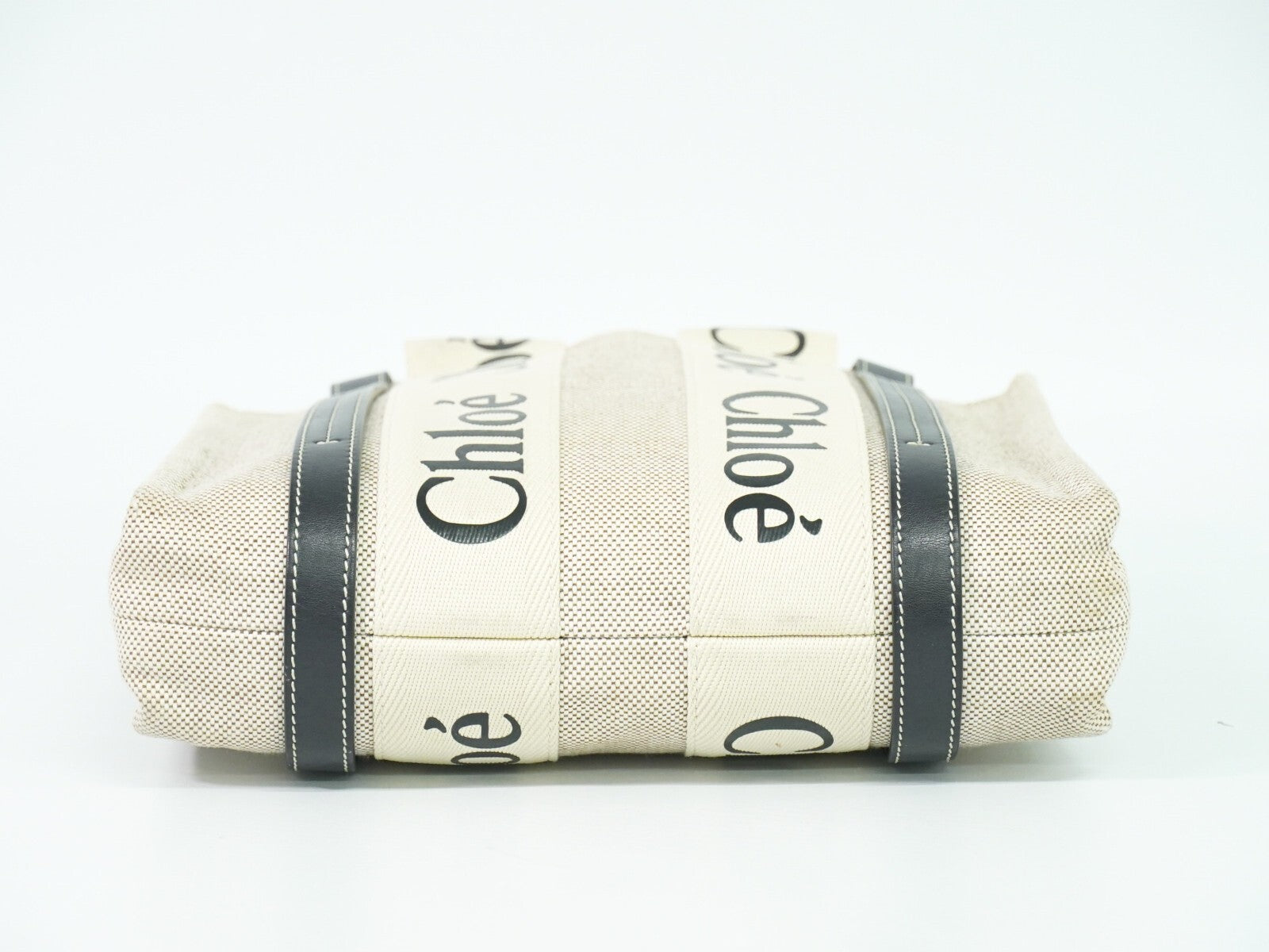 Chloe Woody Tote Canvas With Leather Beige,Navy Canvas Tote Bag Bag (Pre-Owned)