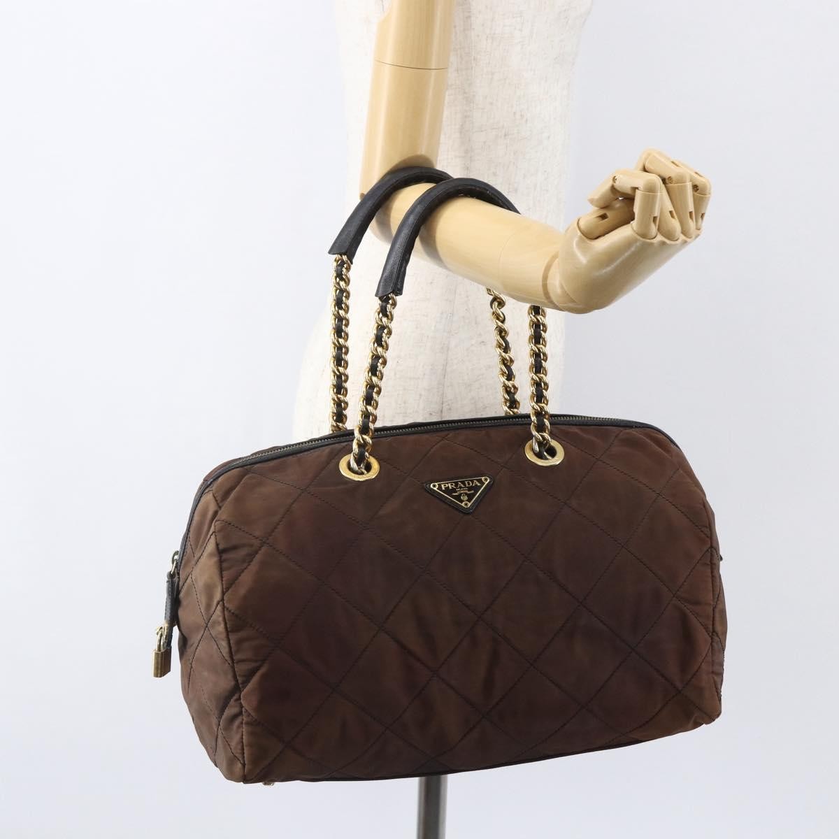 Prada Vintage Chain Handbag Tessuto Brown Nylon Handbag (Pre-Owned)