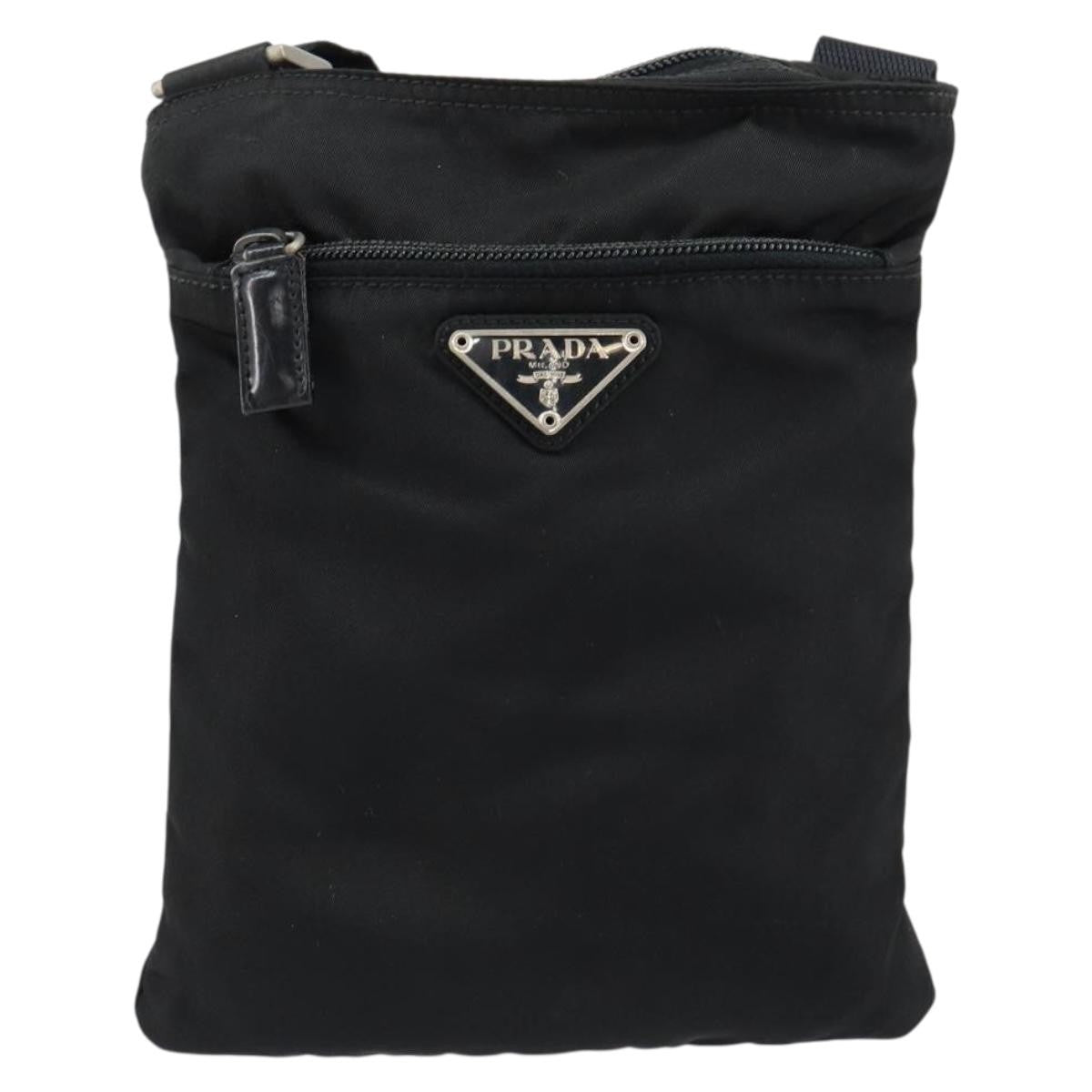 Prada Front Zip Convertible Flat Messenger Tessuto With Leather Black Nylon Shoulder Bag Bag (Pre-Owned)