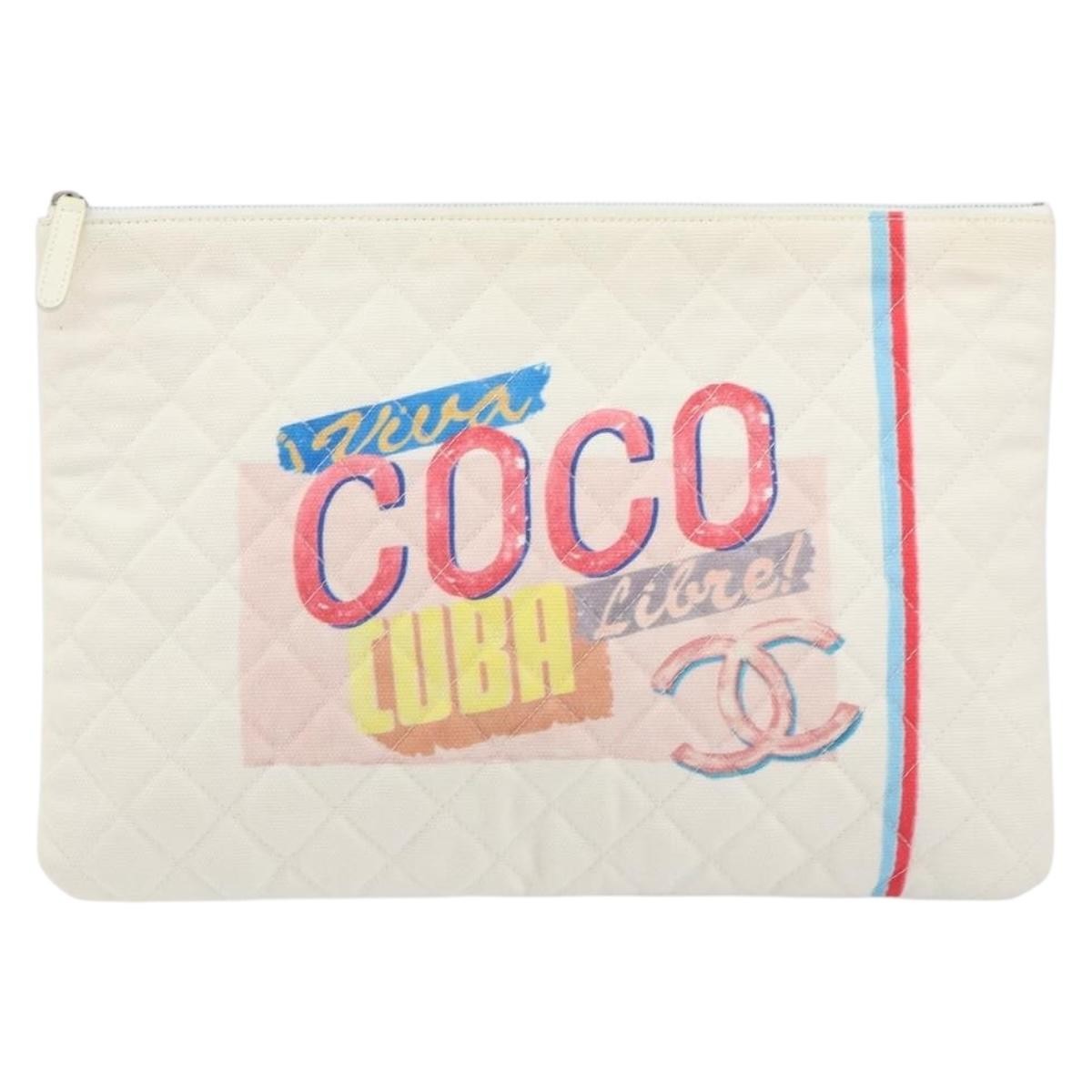 Chanel Coco Cuba Pouch Printed Quilted Canvas White Canvas Clutche & Pouche Bag (Pre-Owned)