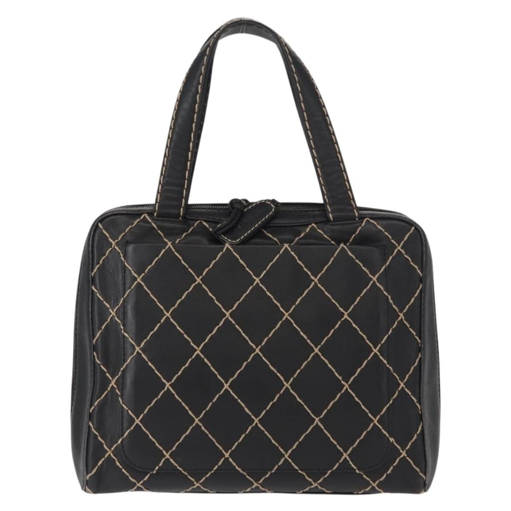 Chanel Surpique Zip Around Satchel Quilted Leather Black Leather Handbag (Pre-Owned)