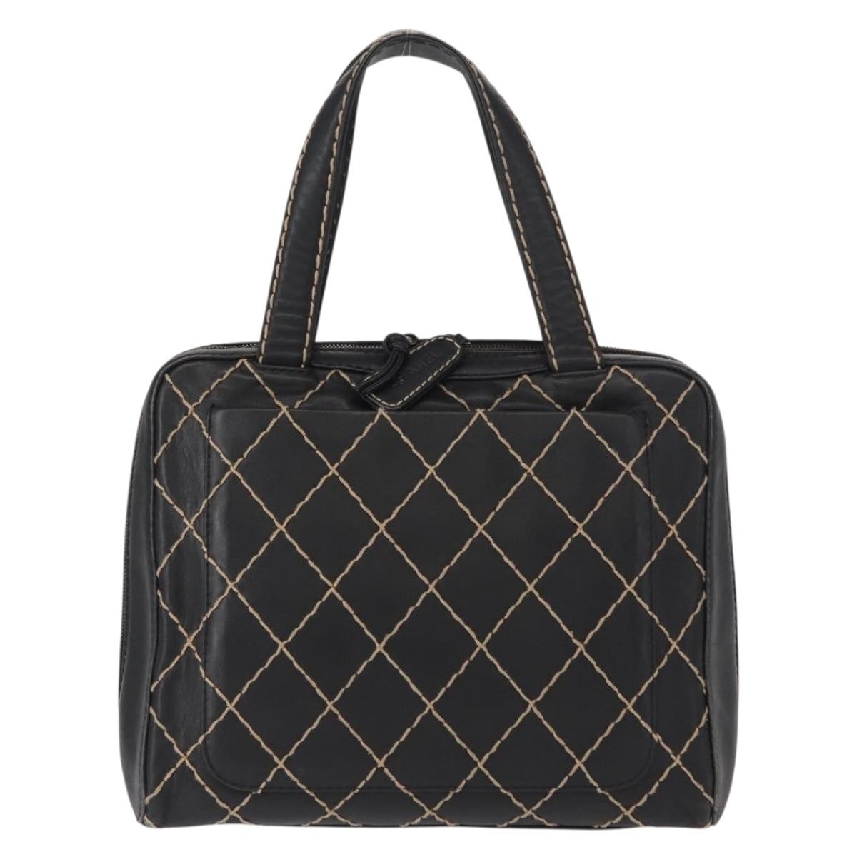 Chanel Surpique Zip Around Satchel Quilted Leather Black Leather Handbag (Pre-Owned)