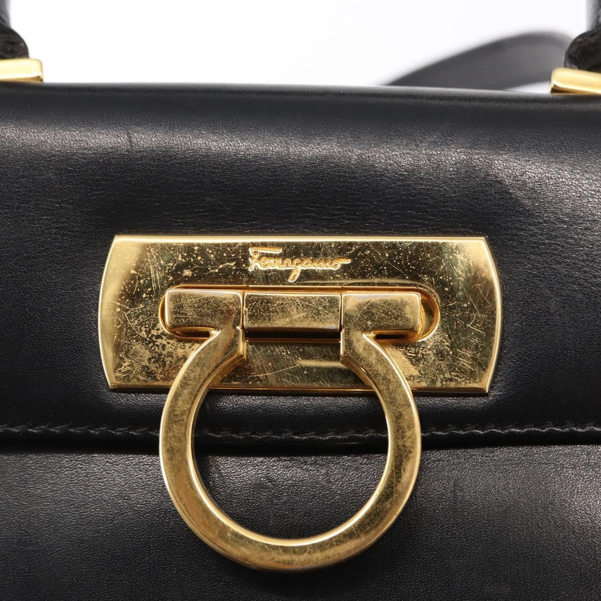 Salvatore Ferragamo Gancini Convertible Top Handle Bag Leather Black Leather Handbag (Pre-Owned)