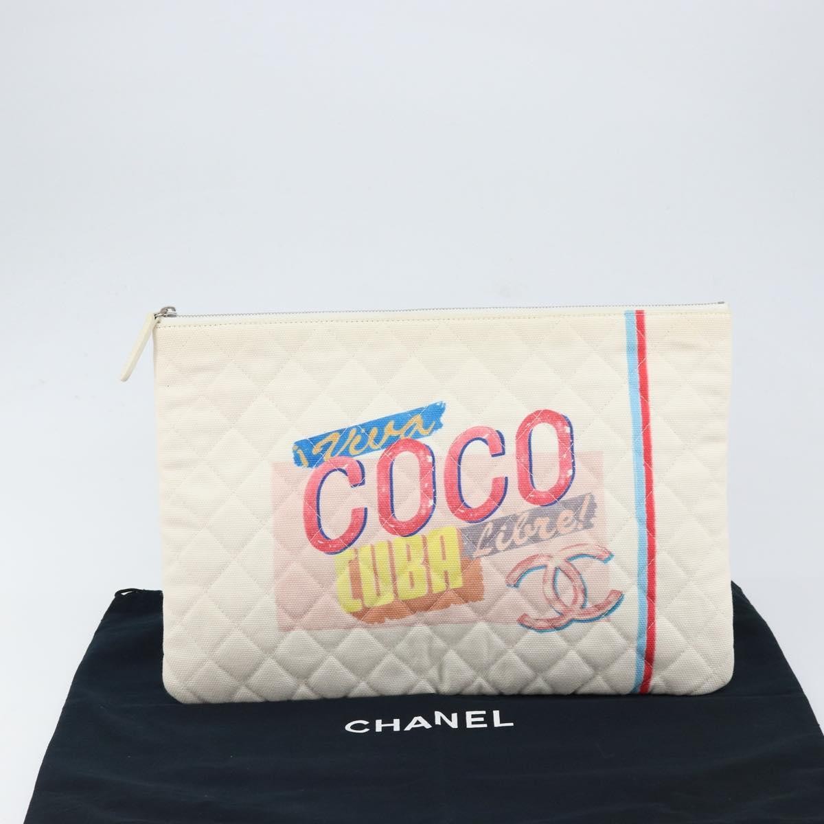 Chanel Coco Cuba Pouch Printed Quilted Canvas White Canvas Clutche & Pouche Bag (Pre-Owned)