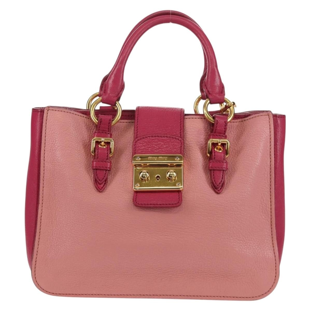 Miu Miu Madras Convertible Lock Tote Leather Pink Leather Handbag (Pre-Owned)