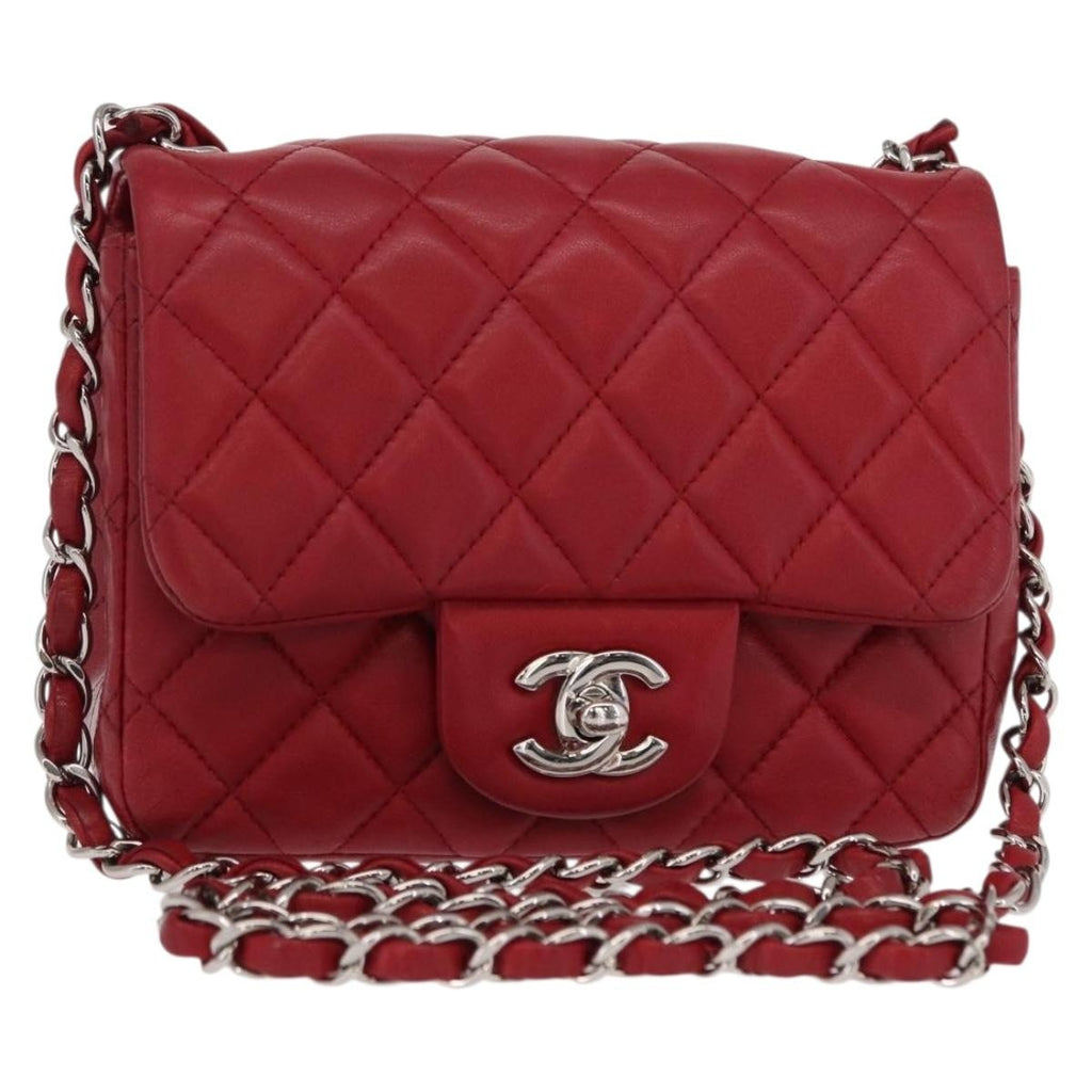 Chanel Square Classic Single Flap Bag Quilted Lambskin Red Leather Shoulder Bag Bag (Pre-Owned)