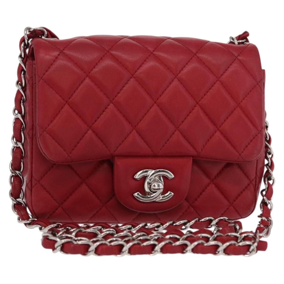 Chanel Square Classic Single Flap Bag Quilted Lambskin Red Leather Shoulder Bag Bag (Pre-Owned)
