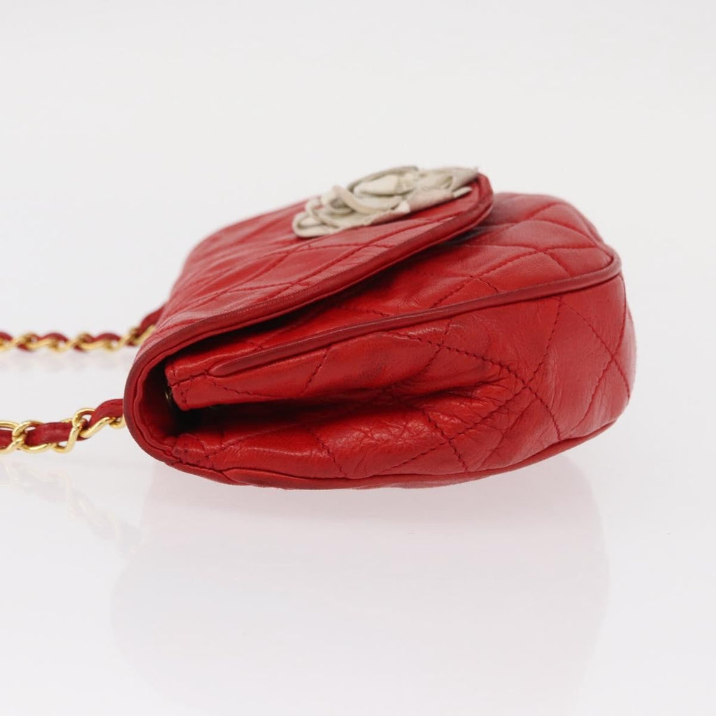 Chanel Camellia Rounded Clutch Satin And Leather Red Leather Shoulder Bag Bag (Pre-Owned)