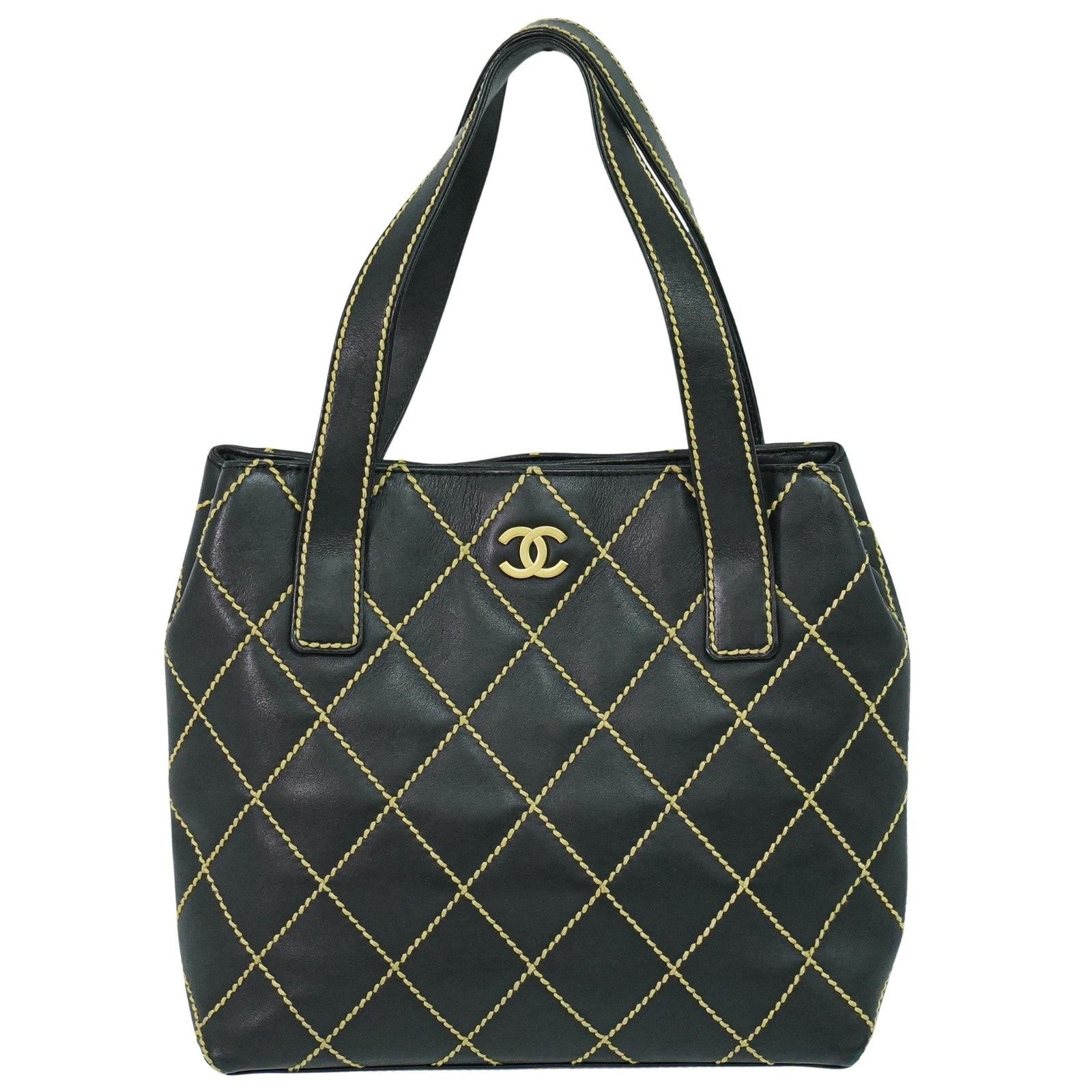 Chanel Surpique Tote Quilted Leather Black Leather Handbag (Pre-Owned)